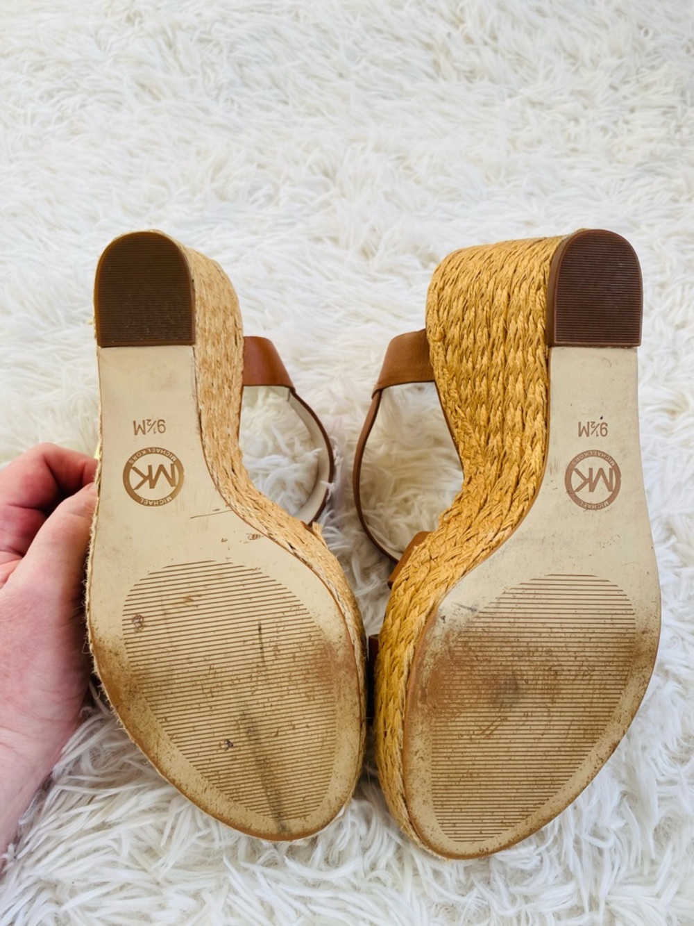 Michael Kors Wedge Sandals 9.5 Cognac Leather Espadrille Platform - Picture 9 of 10
